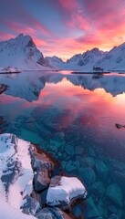 Wall Mural - A sunset over a tranquil lake with majestic mountains behind