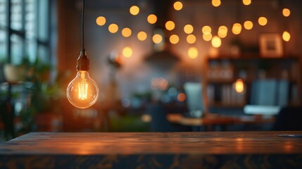 Poster - A oft lighting hanging bulbs illuminating modern office