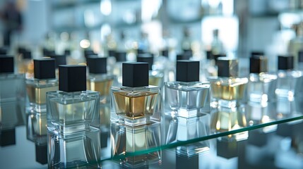 Poster - An array of luxury perfume bottles in geometric shapes, including white and black square designs.