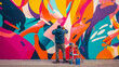 © AiiNa - Photography of a street artist creating a large, colorful mural on an urban wall, captured in UHD to showcase the dynamic composition and vibrant colors of the artwork