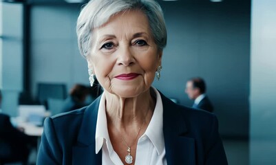 Wall Mural - Portrait of happy senior businesswoman looking at camera while standing in office