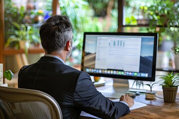 Wall Mural - A man in a suit is sitting at a desk in front of a computer monitor. He is typing on a keyboard and he is focused on his work. The room has several potted plants