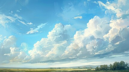 Poster - Fluffy clouds gather over a serene landscape, their soft forms creating a dreamy and peaceful atmosphere.