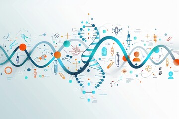Poster - A vibrant double helix DNA strand is showcased with various medical icons, representing the connection between genetics and healthcare. Generative AI