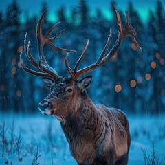 Wall Mural - A deer in the snow with the aurora borealis behind it