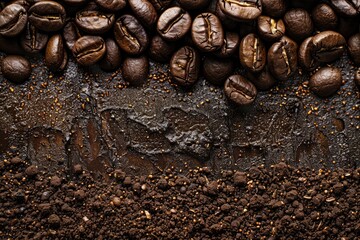 A close up of coffee beans and dirt. The coffee beans are scattered across the dirt, creating a contrast between the two elements. Concept of earthiness and simplicity