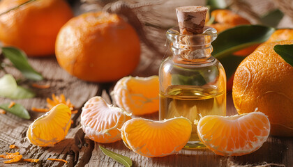 Wall Mural - Aromatic tangerine oil, with tangerines on a wooden background