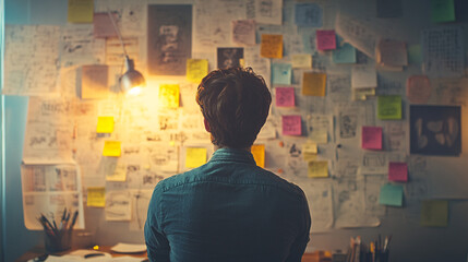 Photography of a graphic designer brainstorming ideas with sticky notes and sketches on a wall, with 4K resolution emphasizing the organized chaos and the creative process 