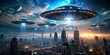 © Ole Studio - UFO alien invasion with extraterrestrial ships hovering over a city at night, alien, invasion, extraterrestrial, UFO