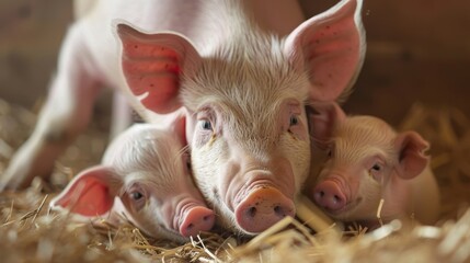 Tender Moment: Piglet Nuzzling Mother in Clean Pen