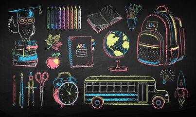 Wall Mural - vector color chalk drawn illustration collection of education items on chalkboard background.