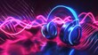 © @_ greta - Headphones with Neon Lights on a Wavy Background