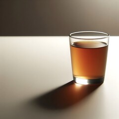 A glass of tea sits on a plain white table, illuminated by soft natural light from a nearby window. 