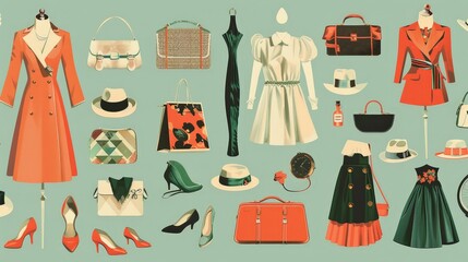 Poster - Immerse yourself in the retro fashion world with glamorous graphics depicting vintage clothing and accessories