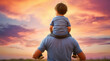 © Riyad - Fathers day. Back view of a little child boy sitting on his fathers shoulders holding hands and looking into the distance enjoying sunset. Father walking with son