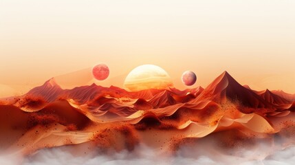 A desert landscape with a sun in the sky and three planets in the sky