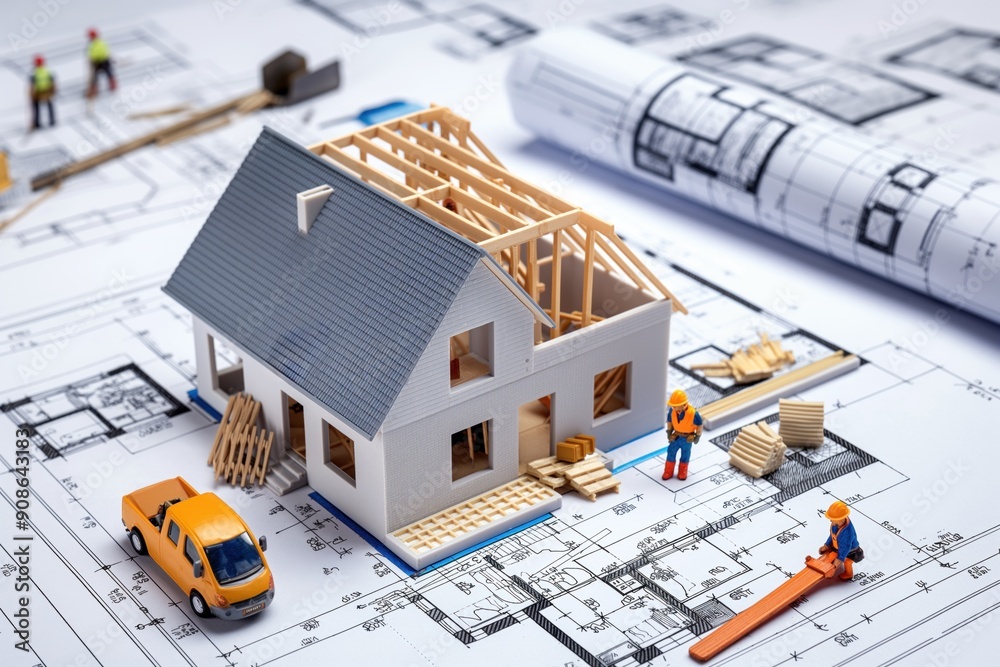 Building plan on paper with workers around construction site. Engineer ...