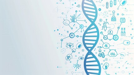 A double helix DNA strand is encircled by various medical icons, illustrating the connection between genetics and healthcare advancements. Generative AI