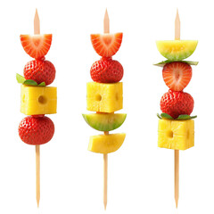 Wall Mural - Fruit kebabs rainbow of melon pineapple strawberry chunks on skewers fanned out isolated Food and