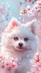 Canvas Print - White Pomeranian puppy, with big blue eyes