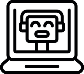 Poster - Line icon of a chatbot smiling and wearing headphones, displayed on a laptop screen, symbolizing online customer service