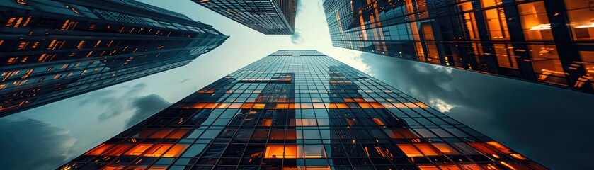 Aufkleber - A stunning low-angle view of modern skyscrapers reflecting evening light against a dramatic sky.