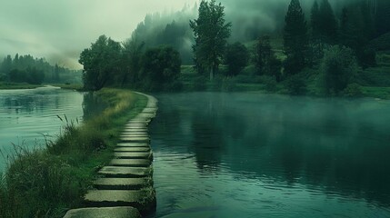 Poster - Tranquil pathway leads along a misty river, surrounded by lush trees and serene greenery, perfect for nature lovers.