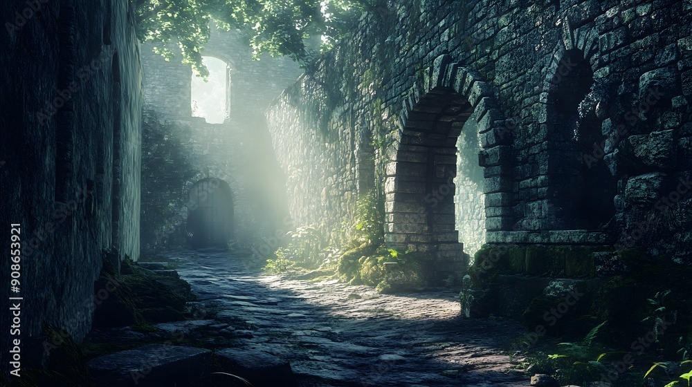 Old castle with a stone wall marking the end of a narrow passage, soft ...
