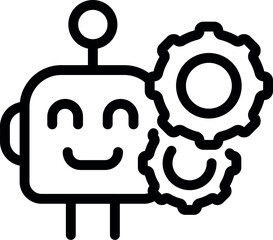 Poster - Happy robot is thinking with gears working, representing the concept of artificial intelligence