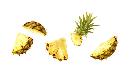 Pineapples sliced levitating in the air isolated on a transparent background