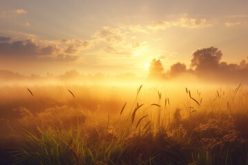 Wall Mural - Colorful and misty sunrise over grass meadow