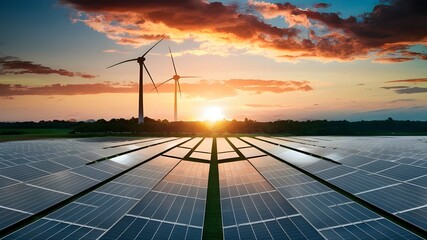 An expansive solar panel farm, stretching as far as the eye can see.