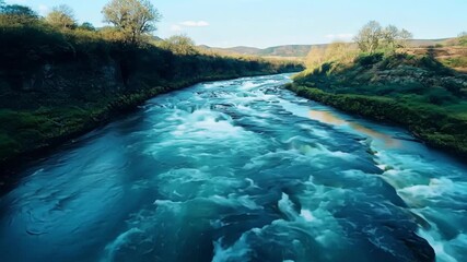 Wall Mural - a tranquil river winds through lush greenery, reflecting the soft light of early morning and creatin