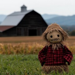 Wall Mural - A field scarecrow in front of a barn