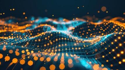 Poster - A digital landscape of shimmering orange and blue lights creates a dynamic and abstract scene