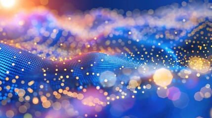 Poster - A shimmering digital landscape, composed of abstract blue waves, punctuated by sparkling golden lights