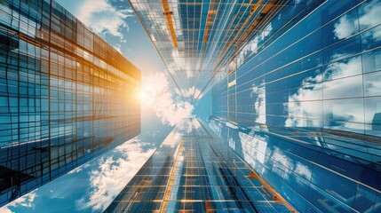 Aufkleber - Stunning view of modern skyscrapers against a vibrant sky reflecting sunlight and clouds, showcasing urban architecture.