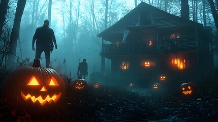 Wall Mural - Haunted house with a dark, eerie forest, glowing pumpkins, and ghostly figures, Halloween atmosphere