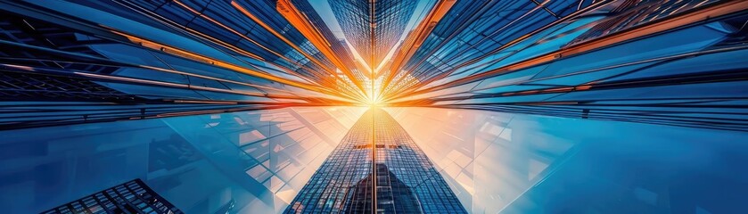 Poster - A stunning view of skyscrapers with vibrant light beams streaming from the center, creating a dynamic urban atmosphere.