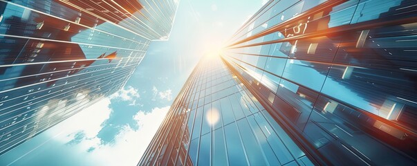 Aufkleber - Stunning view of skyscrapers reaching towards the sky, illuminated by the bright sunlight, creating a dynamic urban landscape.