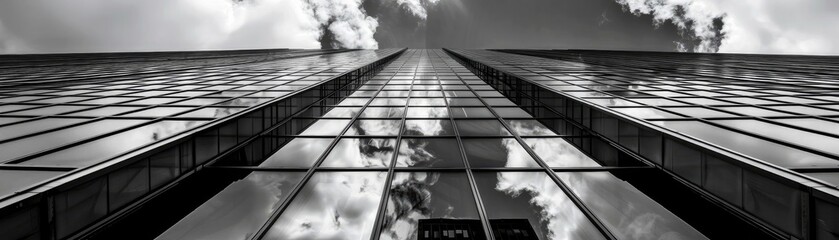Poster - A striking perspective of a modern skyscraper, showcasing reflective glass panels and dramatic clouds in a monochrome setting.