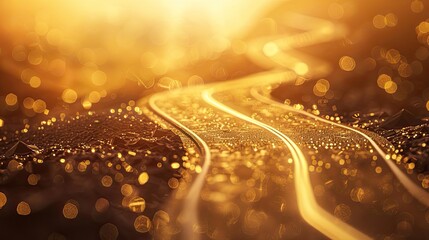 Poster - A winding path glistens under golden sunlight, creating a serene and inviting atmosphere in a tranquil landscape.