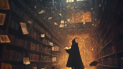 An ancient wizard conjuring spells in a mystical library filled with floating books, magical ambiance, spellbinding lighting, arcane knowledge, mysterious atmosphere, image use