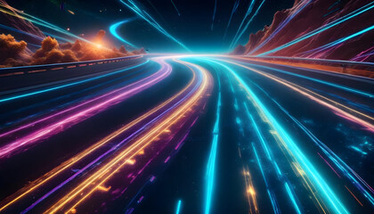 Wall Mural - futuristic neon highway with glowing lines trails 5