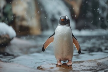 Wall Mural - A Penguin Standing on a Rock in the Snow