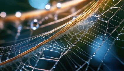 A delicate macro image of a dewy spider web glistening in the morning light, capturing the intricate details and natural beauty of the web.