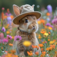 Wall Mural - Adorable Rabbit in a Hat Among Flowers