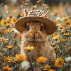 Sticker - Cute Bunny Wearing a Straw Hat in a Field of Flowers