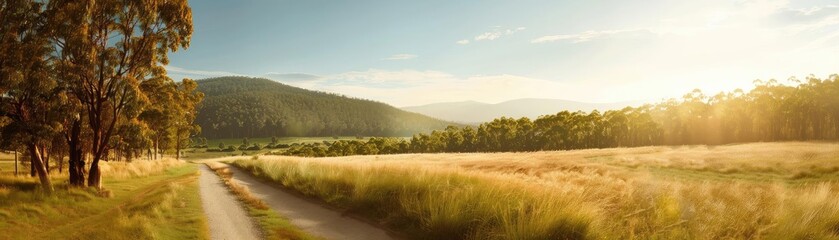 Poster - A tranquil landscape capturing a dirt road winding through golden fields under a bright sun and rolling hills.