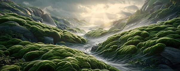 Poster - A serene landscape featuring lush green moss and gentle light cascading through the mist, evoking tranquility and harmony.